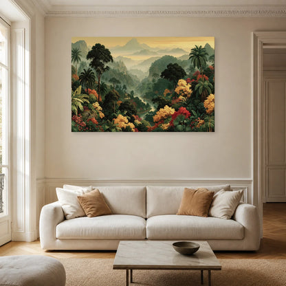 Grand Tableau Jungle Panoramique dans un salon contemporain