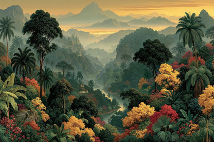 Grand Tableau Jungle Panoramique - paysage de jungle panoramique avec palmiers, fleurs chaudes et montagnes brumeuses - format S