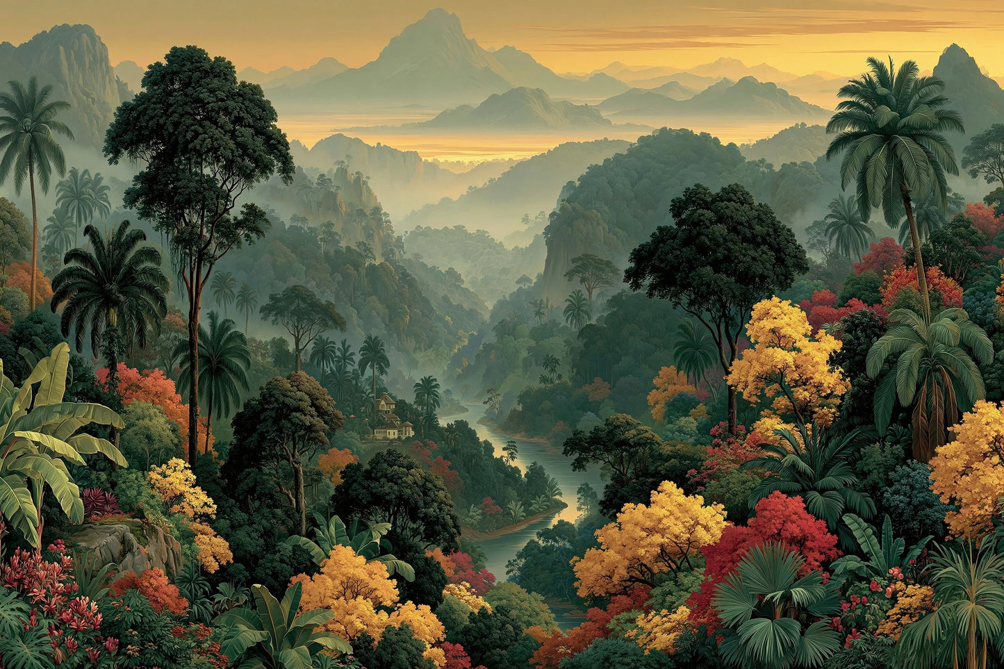 Grand Tableau Jungle Panoramique - paysage de jungle panoramique avec palmiers, fleurs chaudes et montagnes brumeuses - format XL