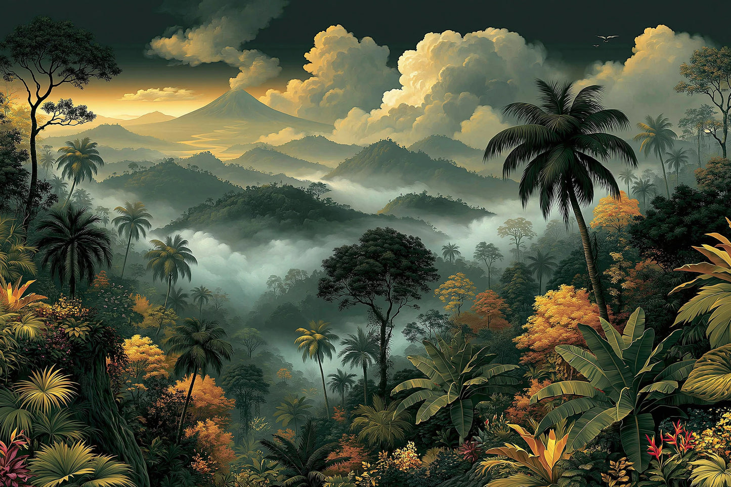 Grand Tableau Tropical Panoramique - paysage tropical panoramique avec palmiers sombres, brume et lumiere doree - format M
