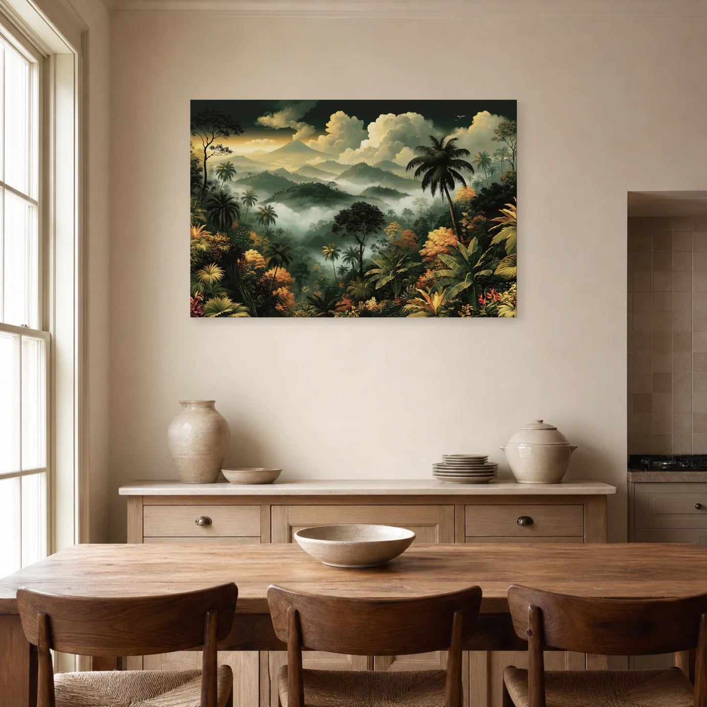 Grand Tableau Tropical Panoramique dans une salle a manger lumineuse
