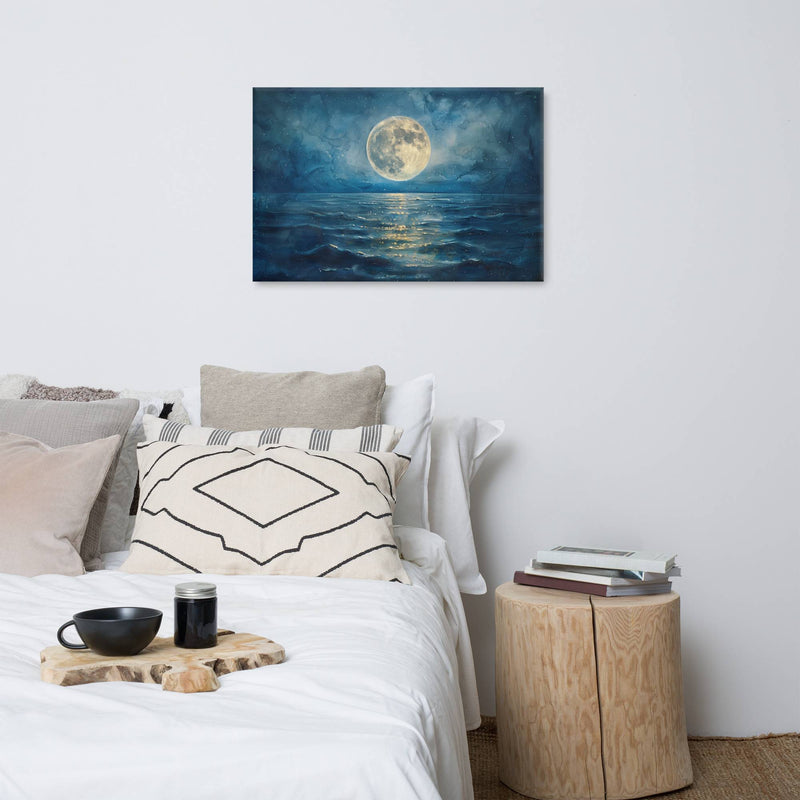 pleine lune tableau contemporain bleu au dessus ocean reflet argenté sur vagues ambiance nocturne chambre