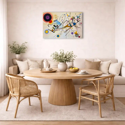 kandinsky toile abstraite détail texture toile fond clair cercles triangles lignes diagonales couleurs primaires mockup salon