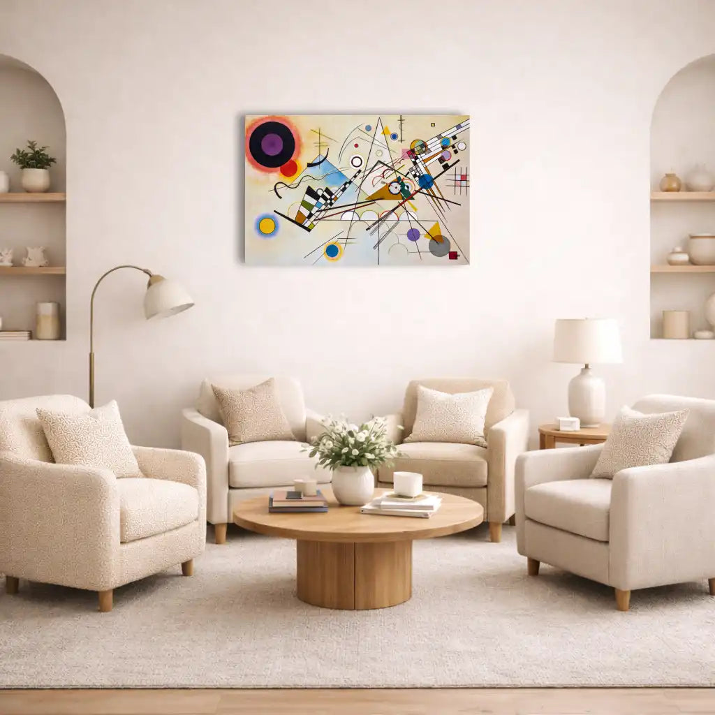 kandinsky tableau abstrait zoom toile texturée fond crème cercles violets rouges jaunes lignes noires géométriques
