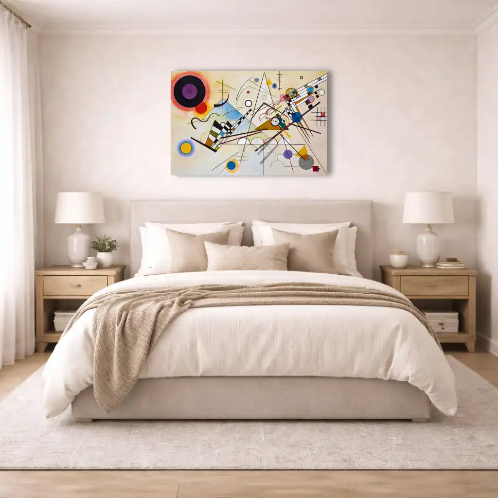 kandinsky tableau abstrait géométrique fond clair cercles triangles lignes couleurs jaune bleu rouge chambre