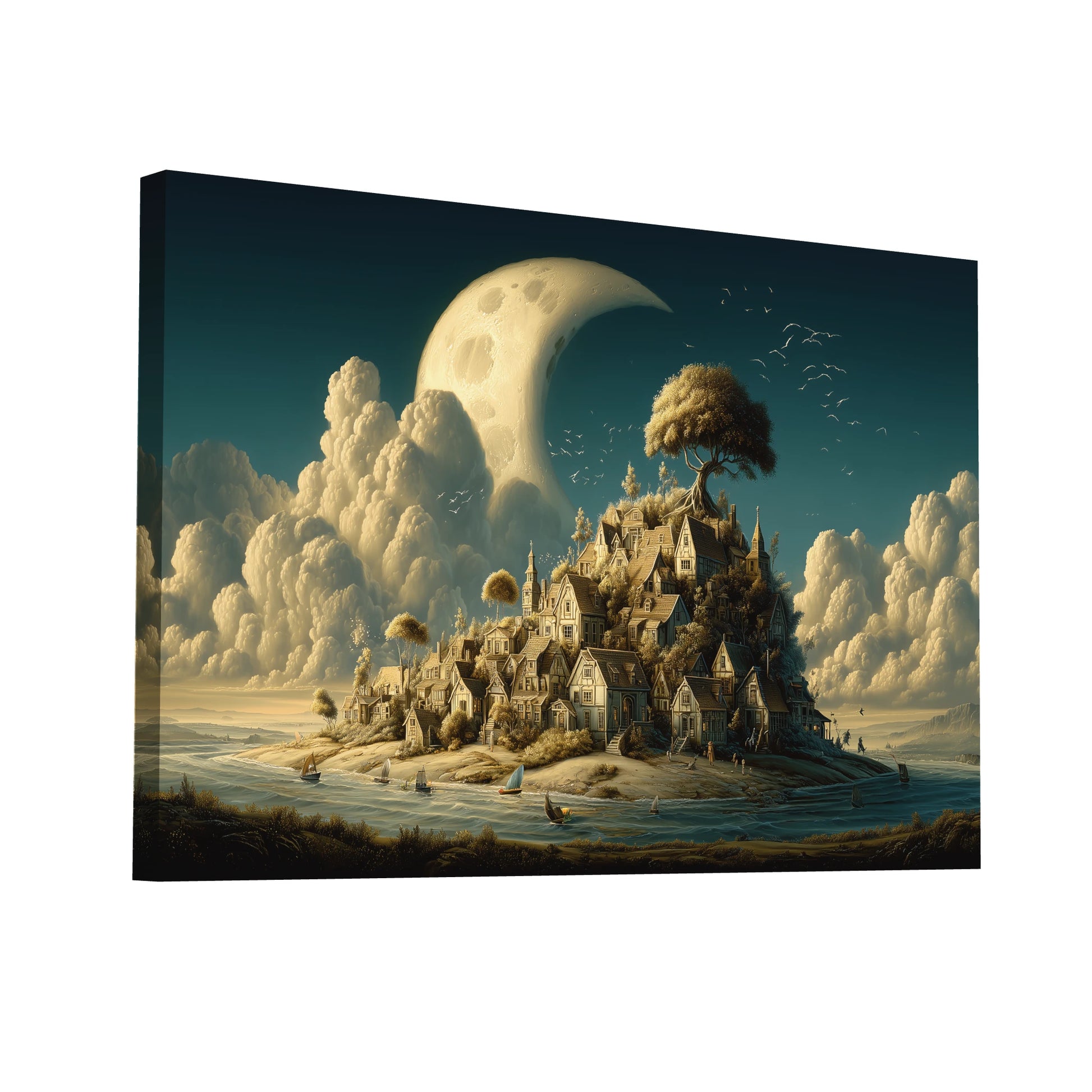 Product Hero 3D WebP Tableau surréaliste Le Village sous la Lune - Art Virtuoso