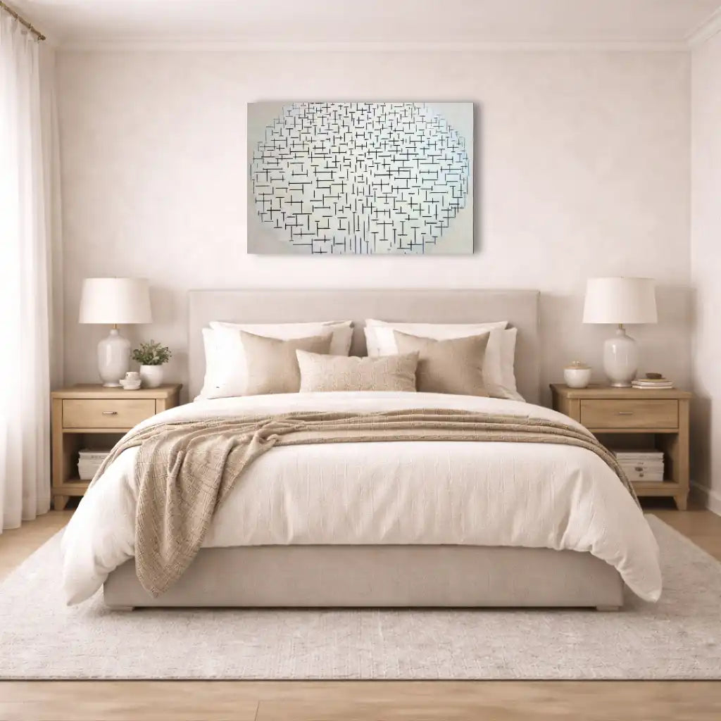 tableau abstrait circulaire noir et blanc réseau dense de lignes noires sur fond blanc minimaliste