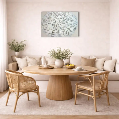 tableau abstrait noir et blanc cercle de lignes noires serrées sur toile texture visible détail intérieur