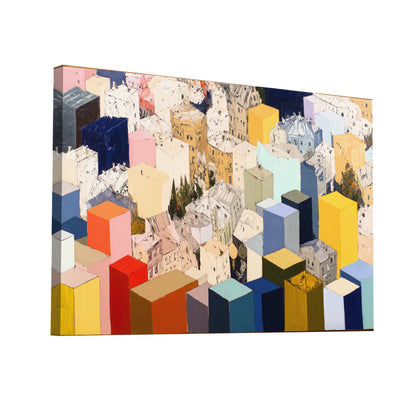 Product Hero 3D WebP Toile Panorama urbain cubiste – blocs & toits - Art Virtuoso