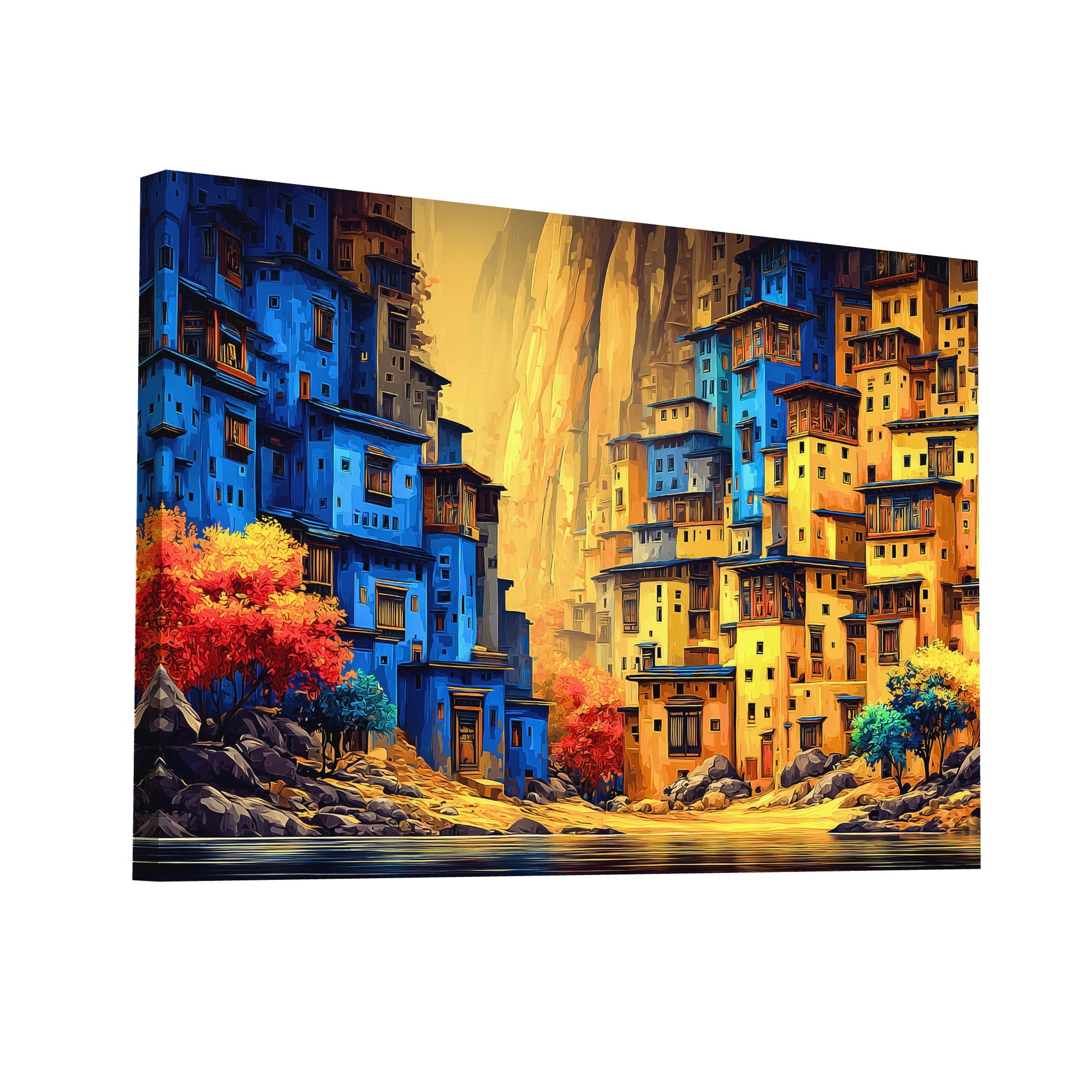 Product Hero 3D WebP Peinture Paysage Africain - Village au Bord du Canyon - Art Virtuoso
