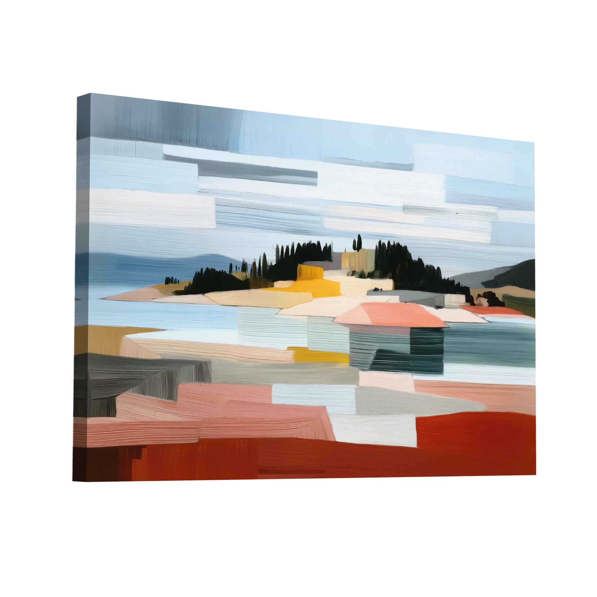 Product Hero 3D WebP Peinture Paysage côtier abstrait – strates ocres et cyprès d’encre - Art Virtuoso
