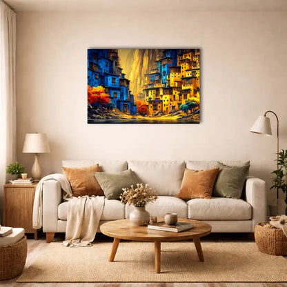 Peinture Paysage Africain - Village au Bord du Canyon