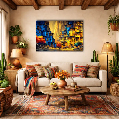 Peinture Paysage Africain - Village au Bord du Canyon