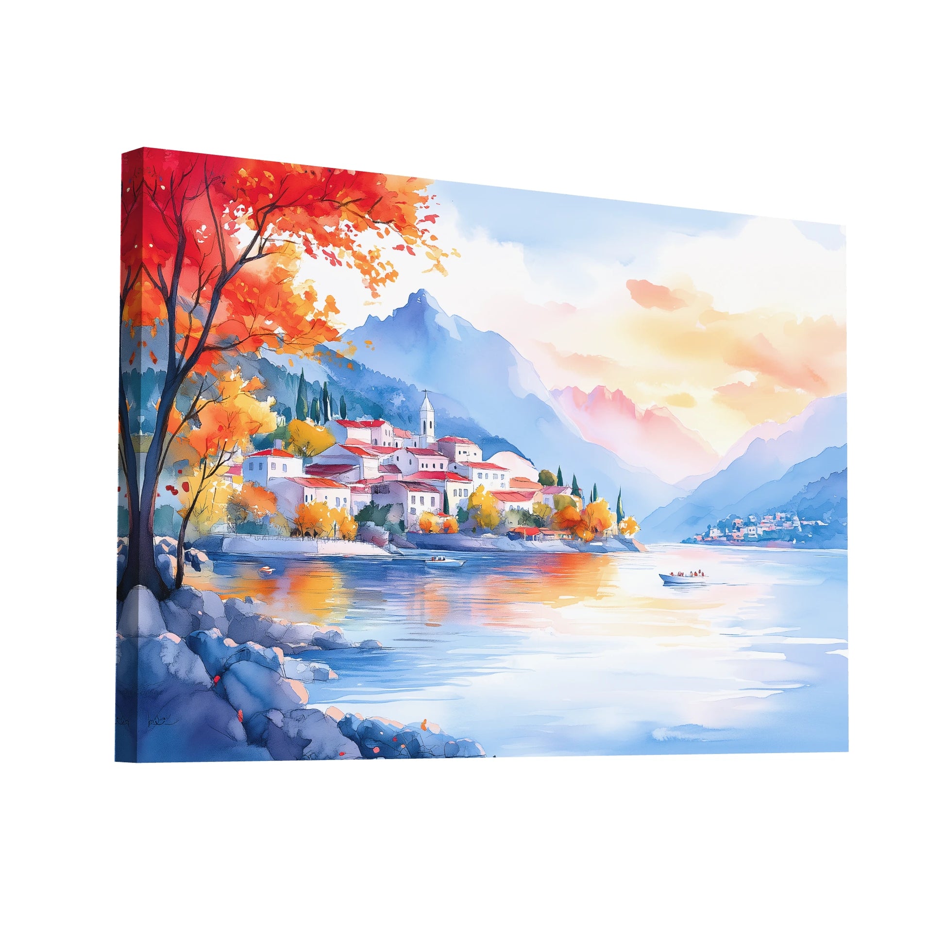 Product Hero 3D WebP Peinture Aquarelle Murale – Village au Bord du Lac - Art Virtuoso