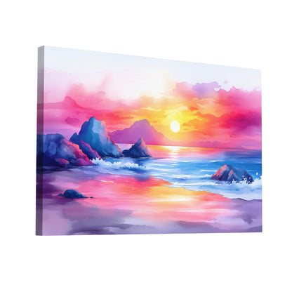 Product Hero 3D WebP Peinture Aquarelle Plage – Coucher de Soleil Éclatant - Art Virtuoso