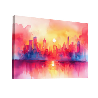 Product Hero 3D WebP Peinture Aquarelle Ville – Vision Urbaine au Coucher du Soleil - Art Virtuoso