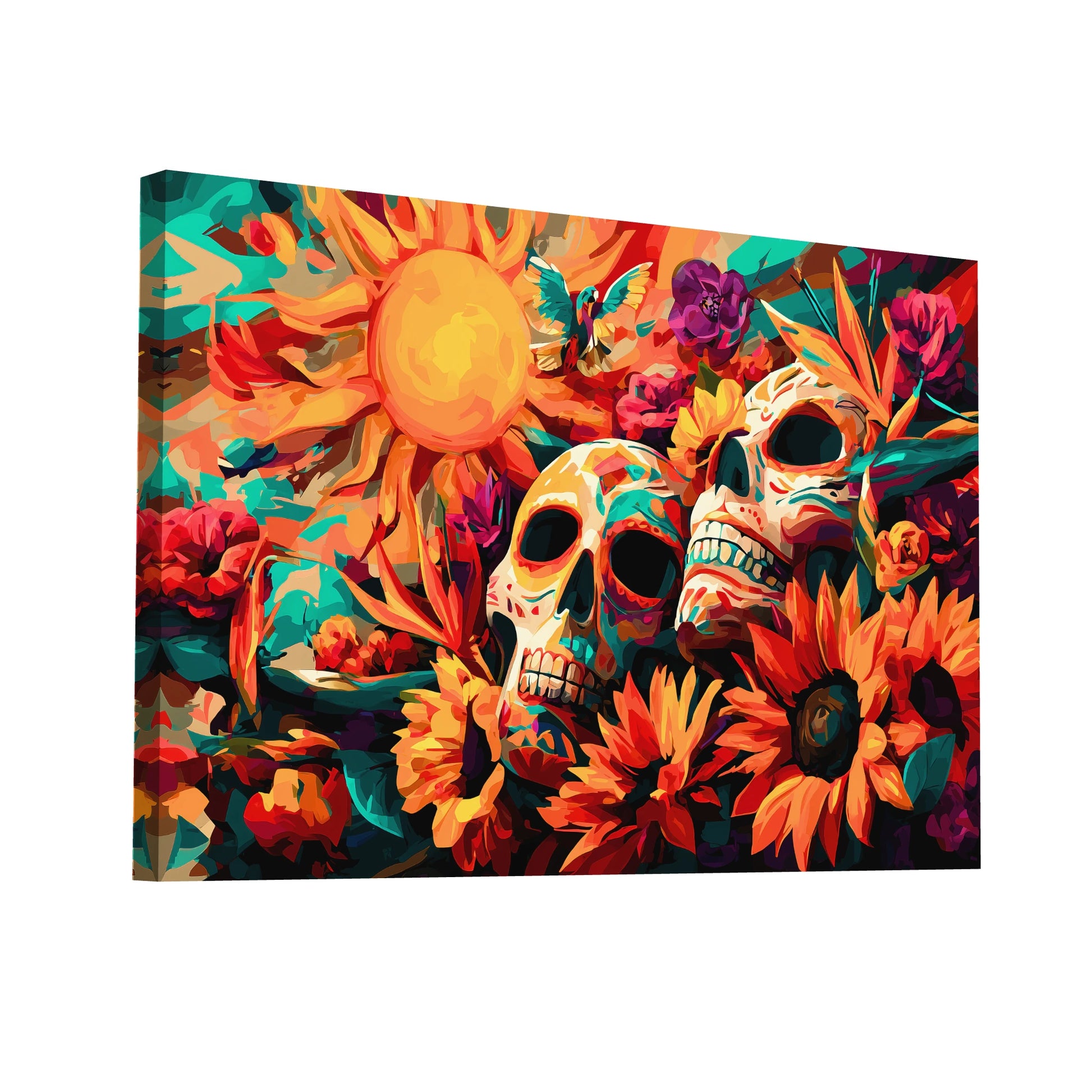 Product Hero 3D WebP Peinture Calavera Florale – Soleil, Fleurs et Symboles de Vie - Art Virtuoso
