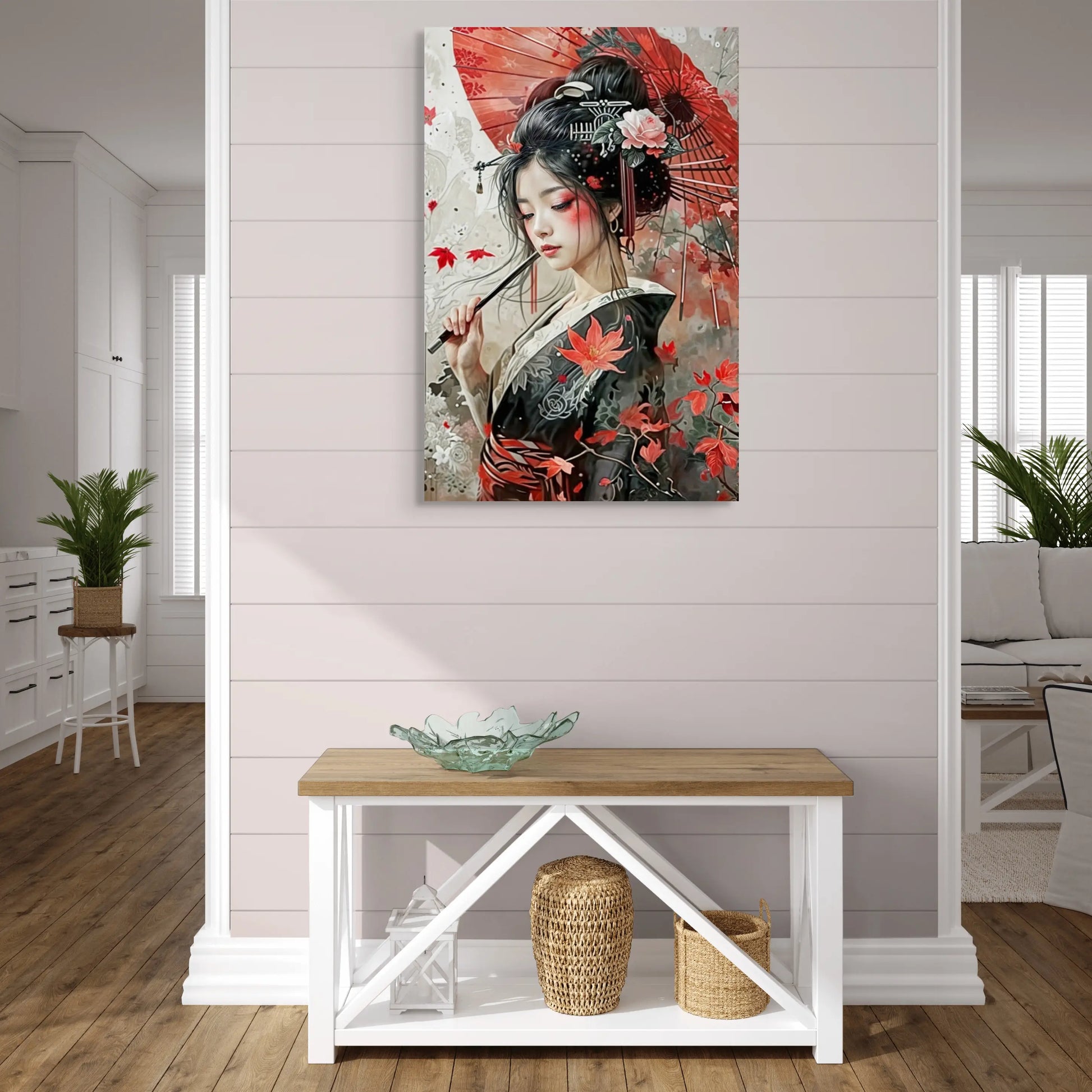 Tableau Peinture Geisha - Ombrelle Rouge et Beauté Japonaise  Art Virtuoso   