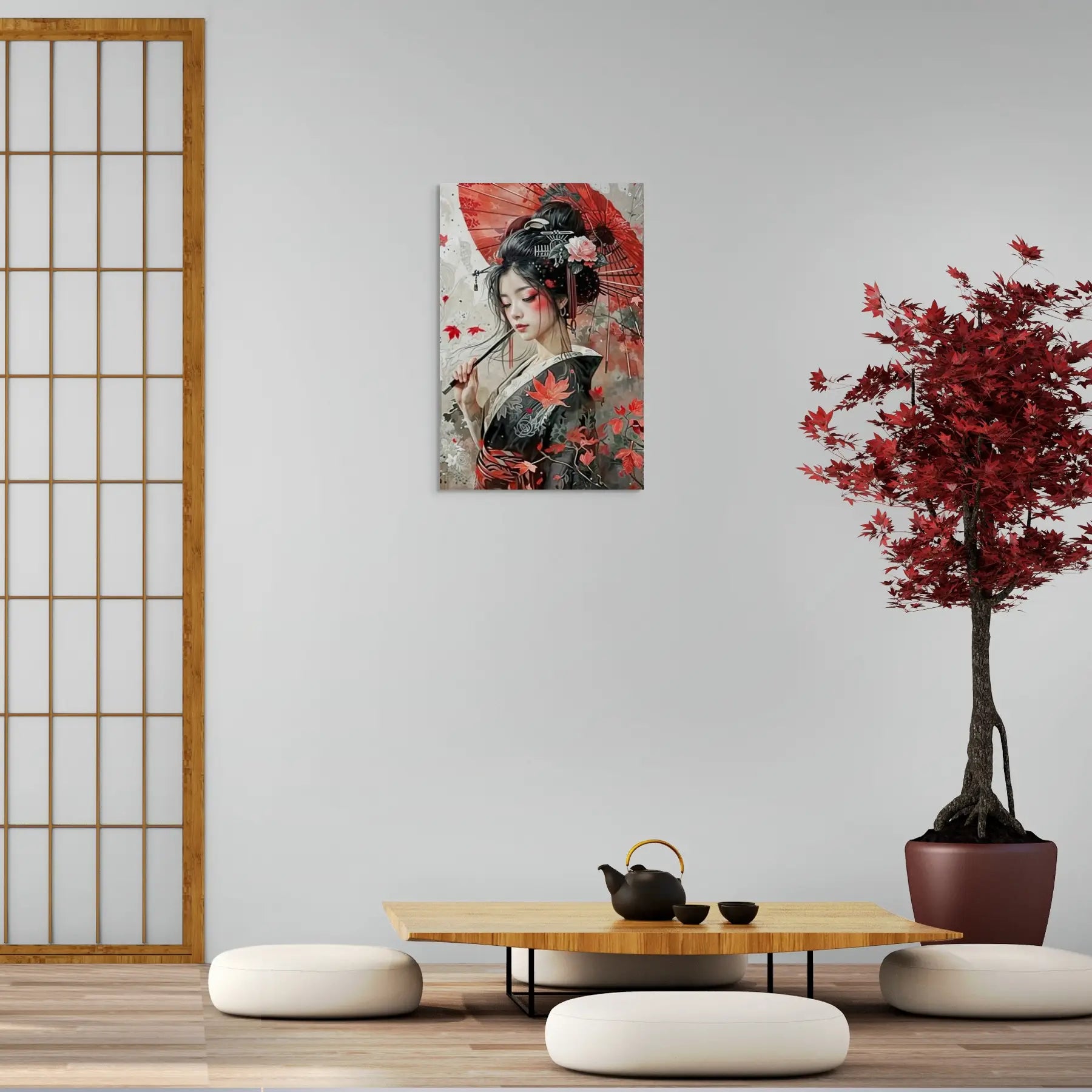 Tableau Peinture Geisha - Ombrelle Rouge et Beauté Japonaise  Art Virtuoso   