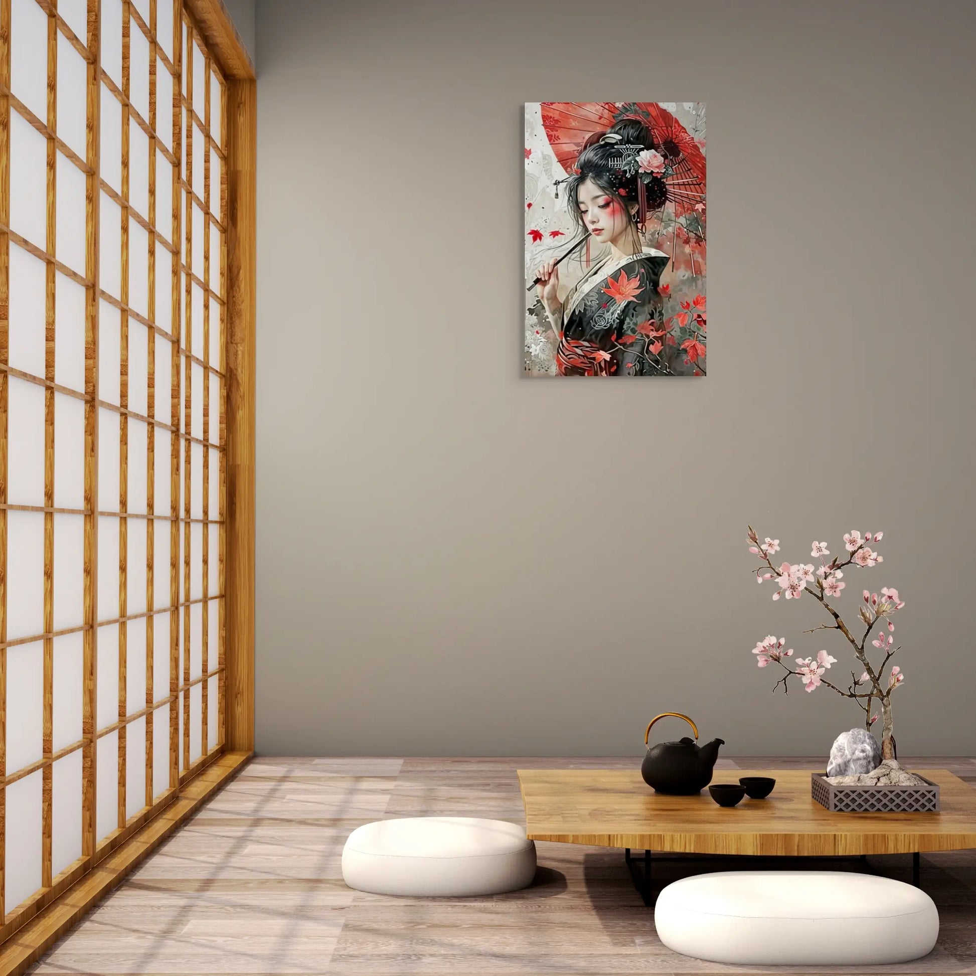 Tableau Peinture Geisha - Ombrelle Rouge et Beauté Japonaise  Art Virtuoso   