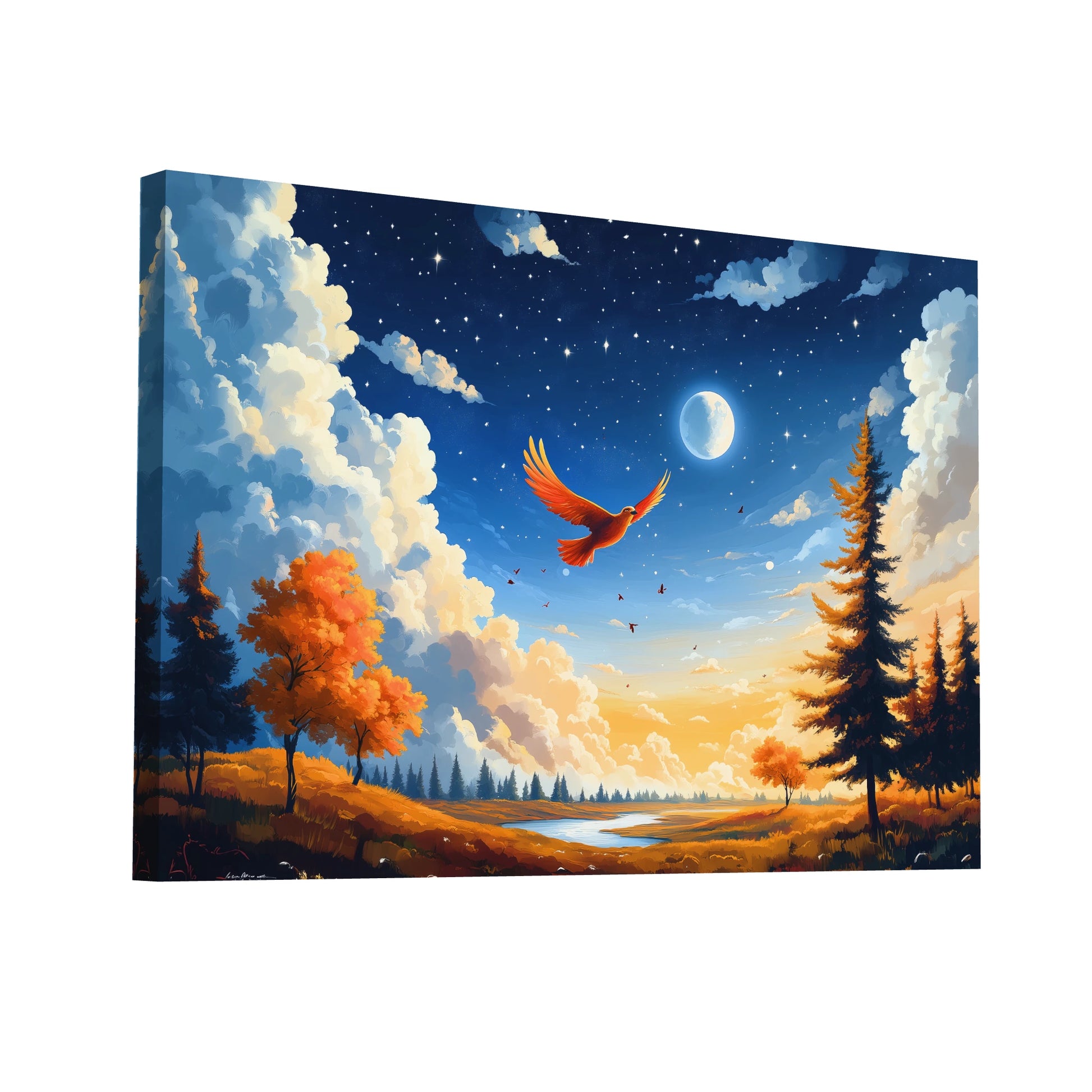 Product Hero 3D WebP Peinture Oiseau qui Vole sous la Lune - Art Virtuoso
