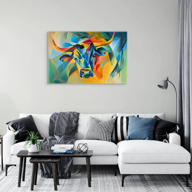 Abstract bull head canvas print in green yellow and blue