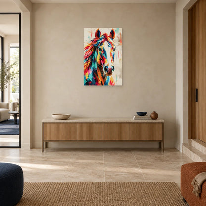 Peinture tête de cheval moderne – Crinière en couleurs dans une entrée ou un couloir - Art Virtuoso