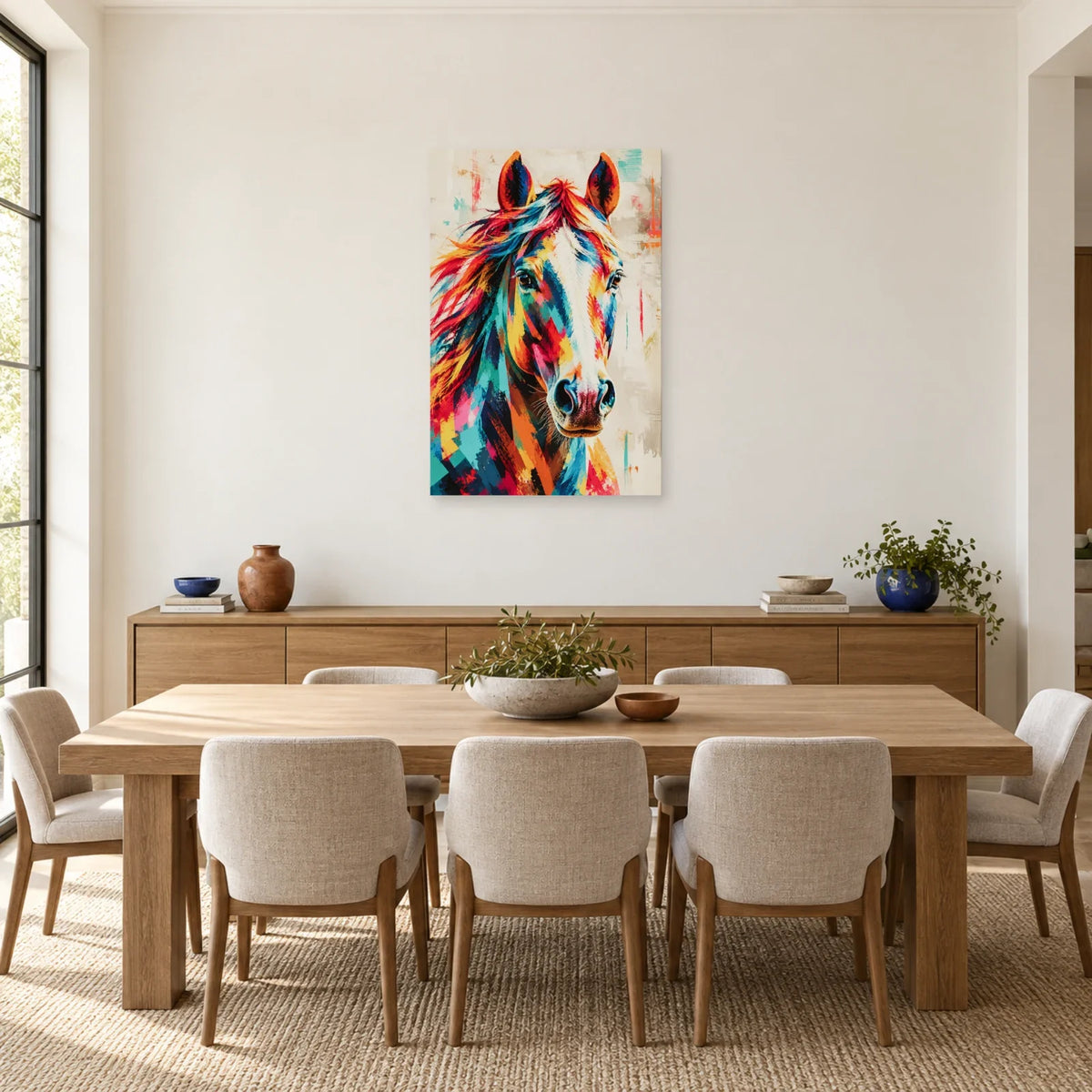 Peinture tête de cheval moderne – Crinière en couleurs dans une salle à manger - Art Virtuoso