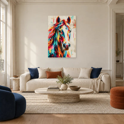 Peinture tête de cheval moderne – Crinière en couleurs dans un salon - Art Virtuoso