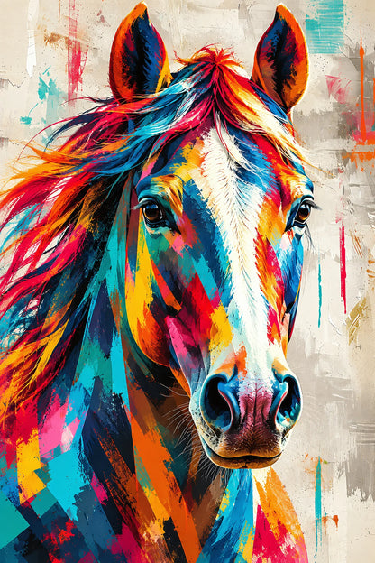 Peinture Tête Cheval Moderne Eclats Colores - impression sur toile, format XL