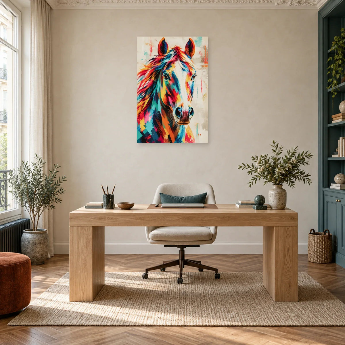 Peinture tête de cheval moderne – Crinière en couleurs dans un bureau - Art Virtuoso