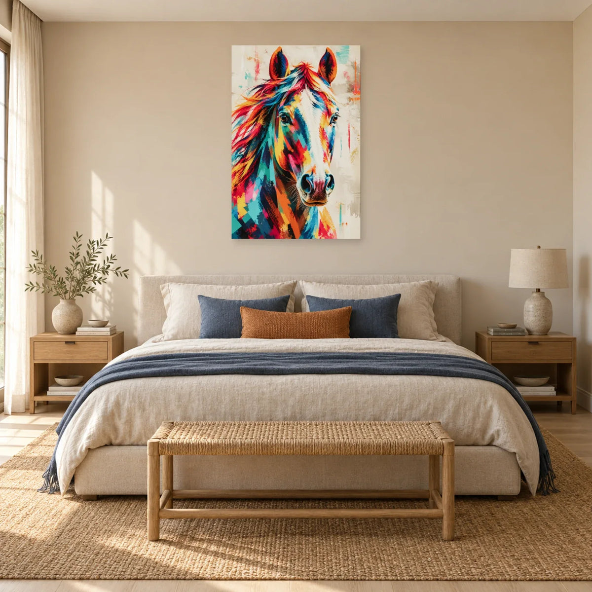 Peinture tête de cheval moderne – Crinière en couleurs dans une chambre - Art Virtuoso