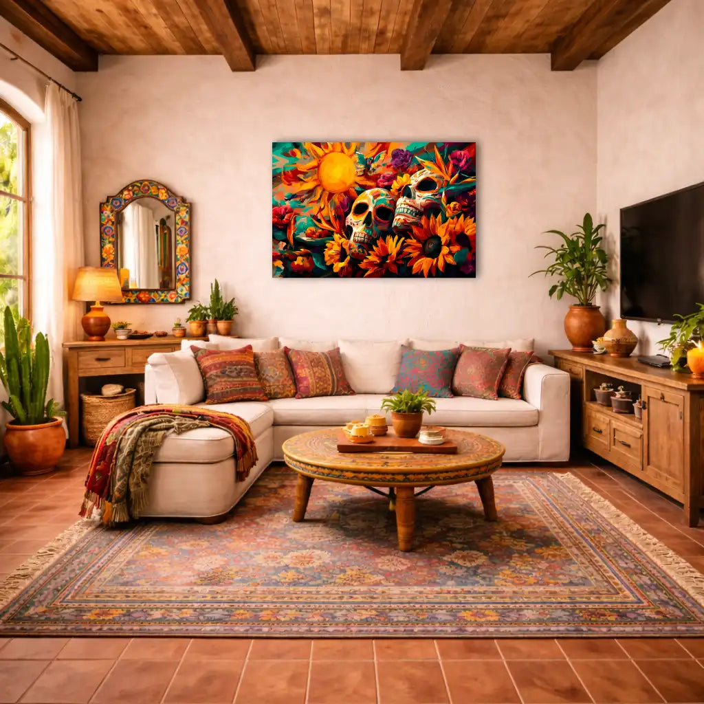 Florale Calavera – Sonne, Blumen und Lebenssymbole – Kunstdruck