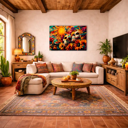 Florale Calavera – Sonne, Blumen und Lebenssymbole – Kunstdruck