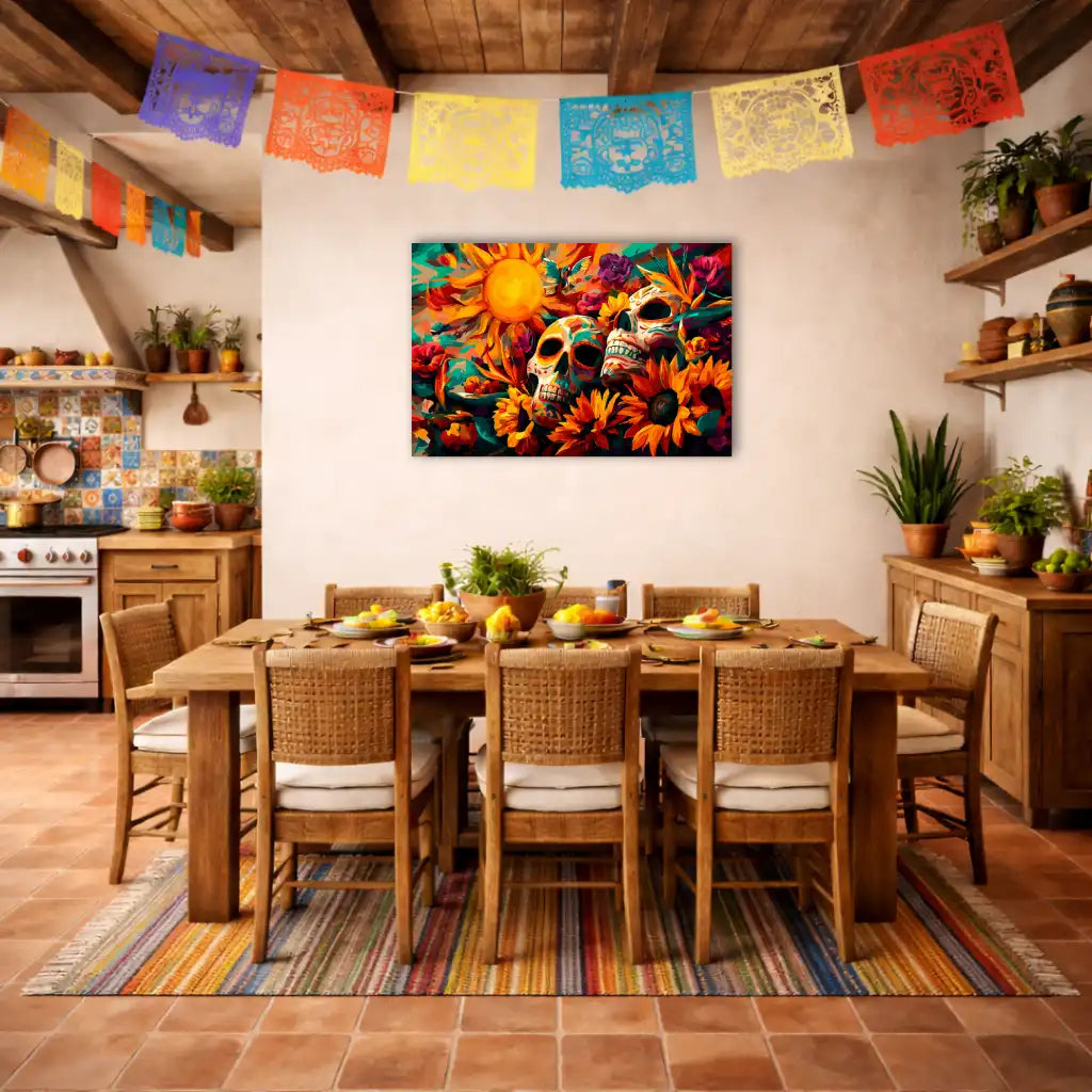 Florale Calavera – Sonne, Blumen und Lebenssymbole – Kunstdruck