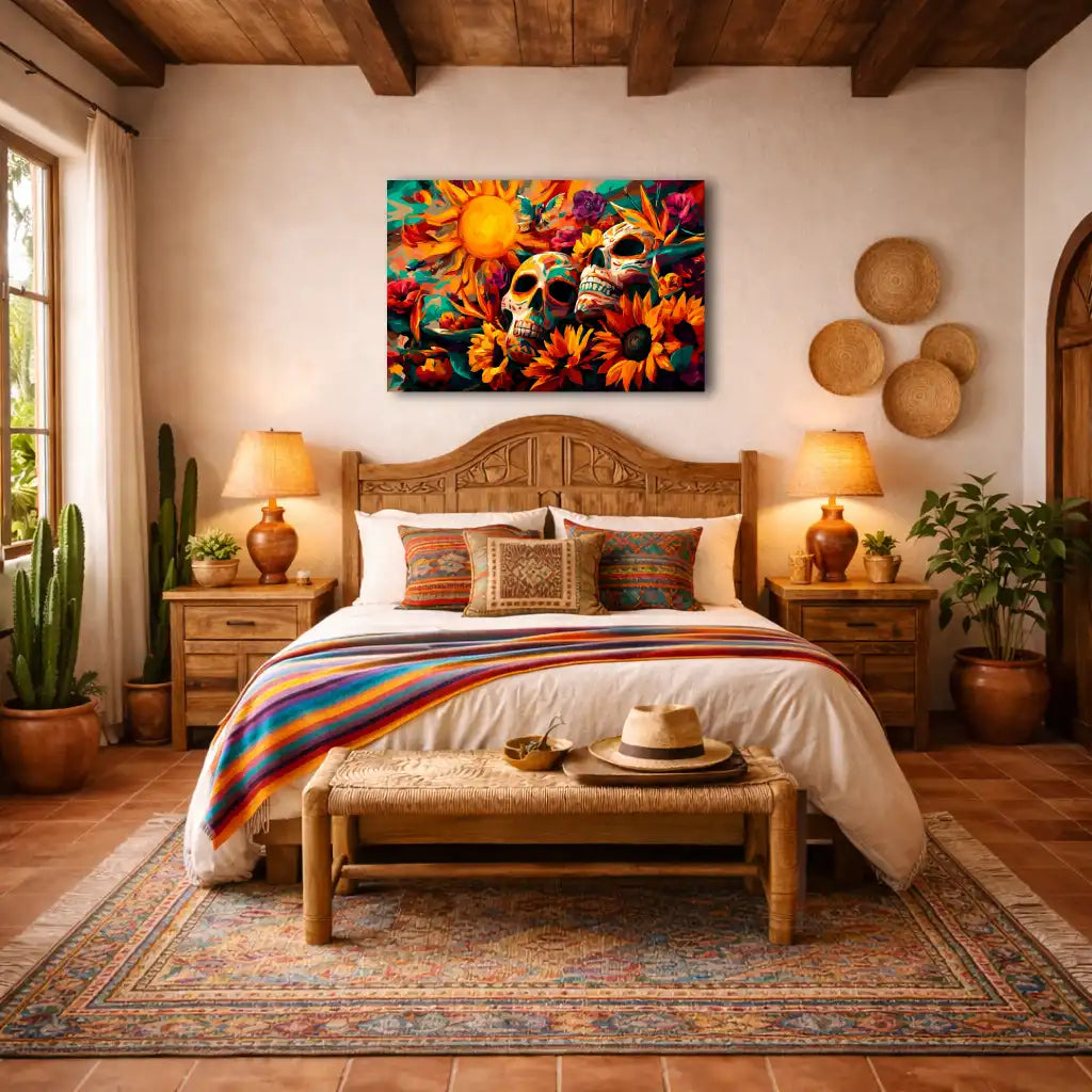 Florale Calavera – Sonne, Blumen und Lebenssymbole – Kunstdruck