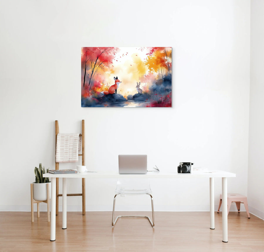 Peinture Aquarelle Animaux - Renard et Lapin en Harmonie