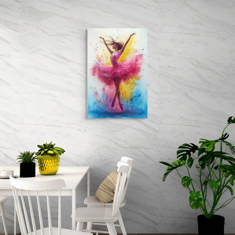 Dancer in a pink dress with colourful splashes on canvas