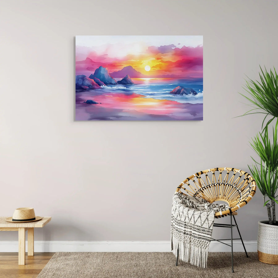 Peinture Aquarelle Plage – Coucher de Soleil Éclatant