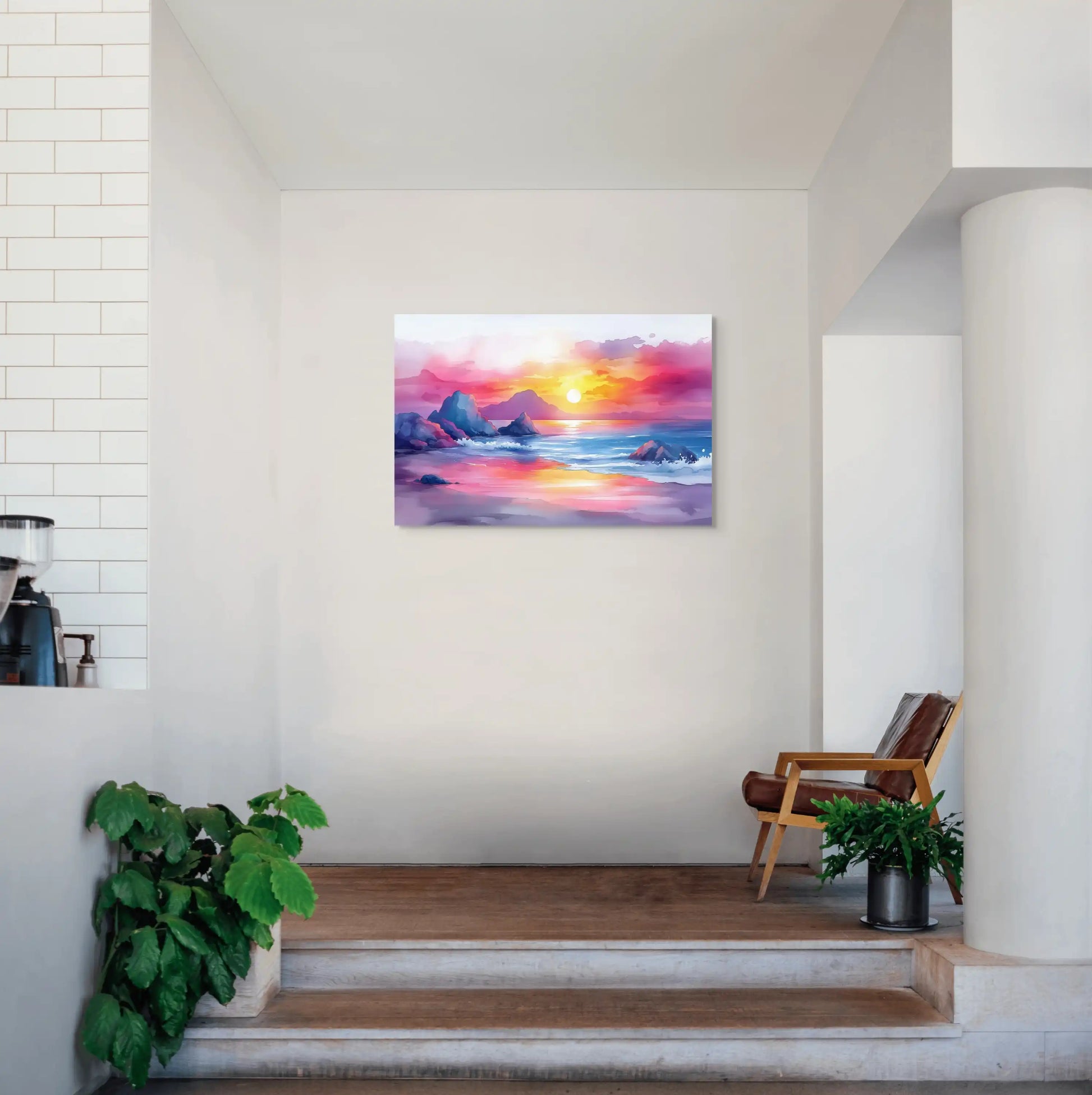 Peinture Aquarelle Plage – Coucher de Soleil Éclatant Affiches, reproductions et œuvres graphiques Art Virtuoso