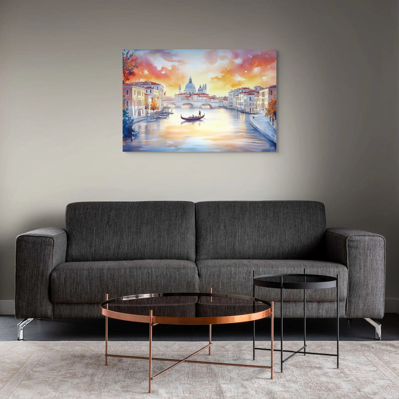 Aquarelle Venise Romantique — Gondole sous un Ciel Corail