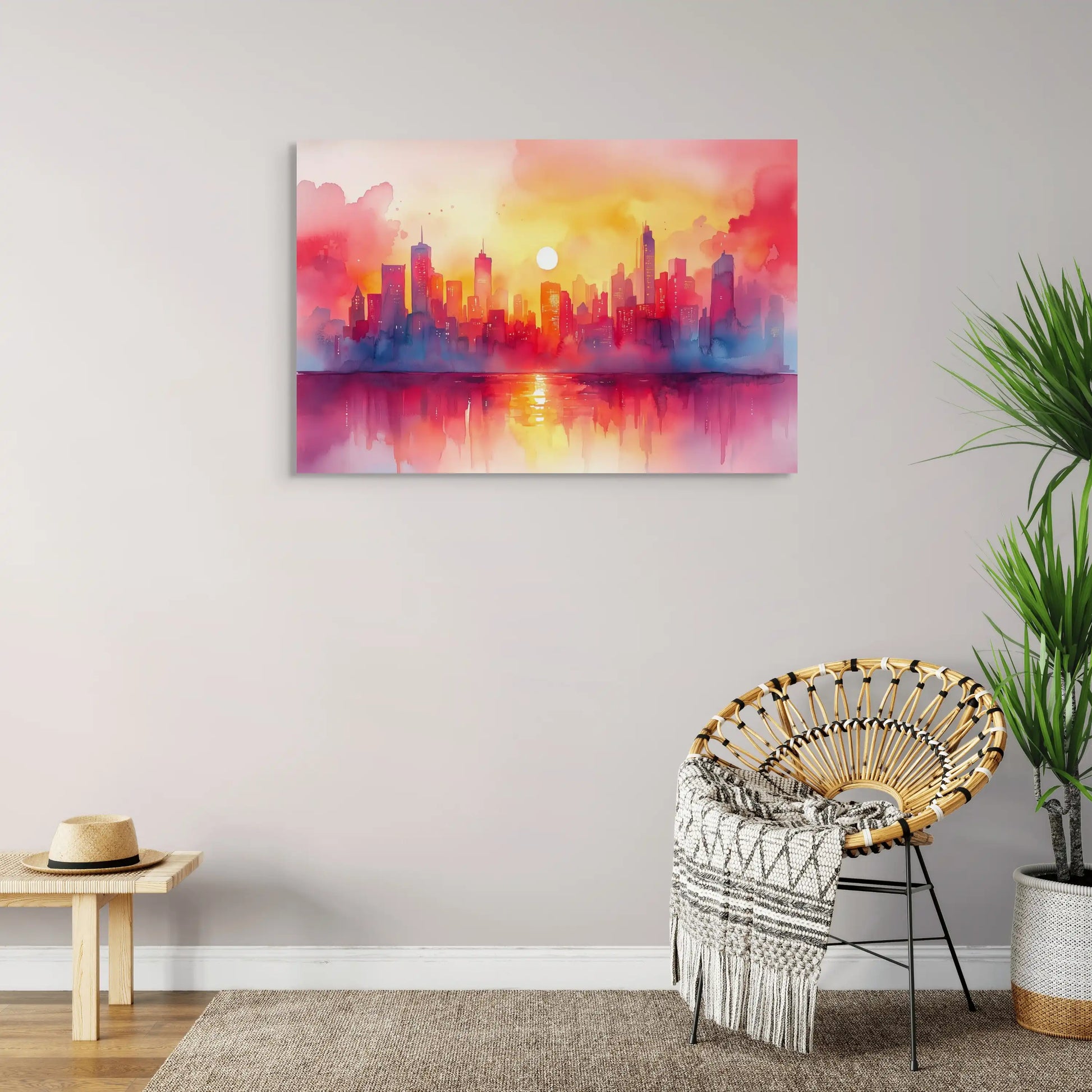 Peinture Aquarelle Ville – Vision Urbaine au Coucher du Soleil Affiches, reproductions et œuvres graphiques Art Virtuoso