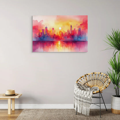 Peinture Aquarelle Ville – Vision Urbaine au Coucher du Soleil Affiches, reproductions et œuvres graphiques Art Virtuoso
