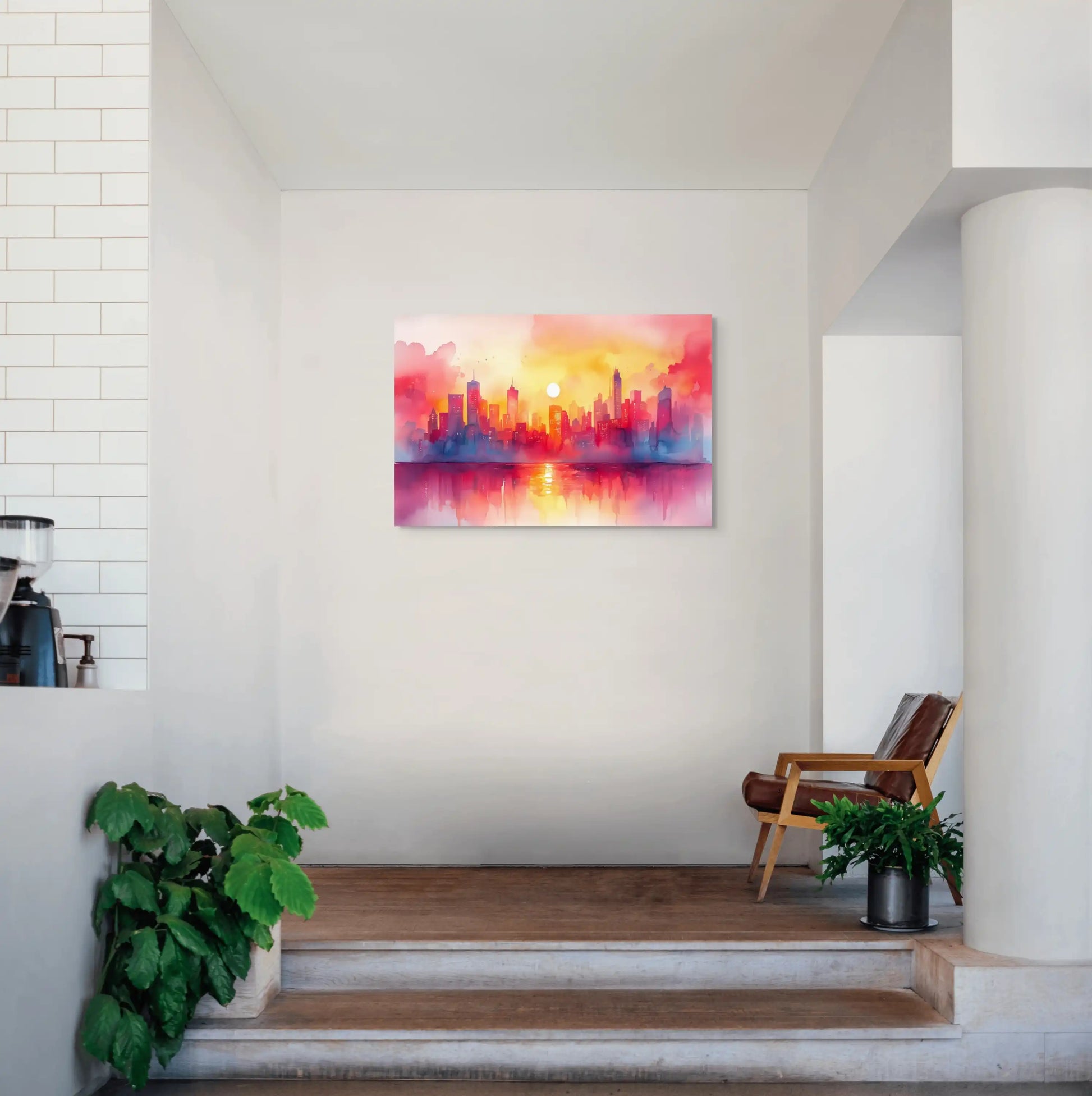 Peinture Aquarelle Ville – Vision Urbaine au Coucher du Soleil Affiches, reproductions et œuvres graphiques Art Virtuoso