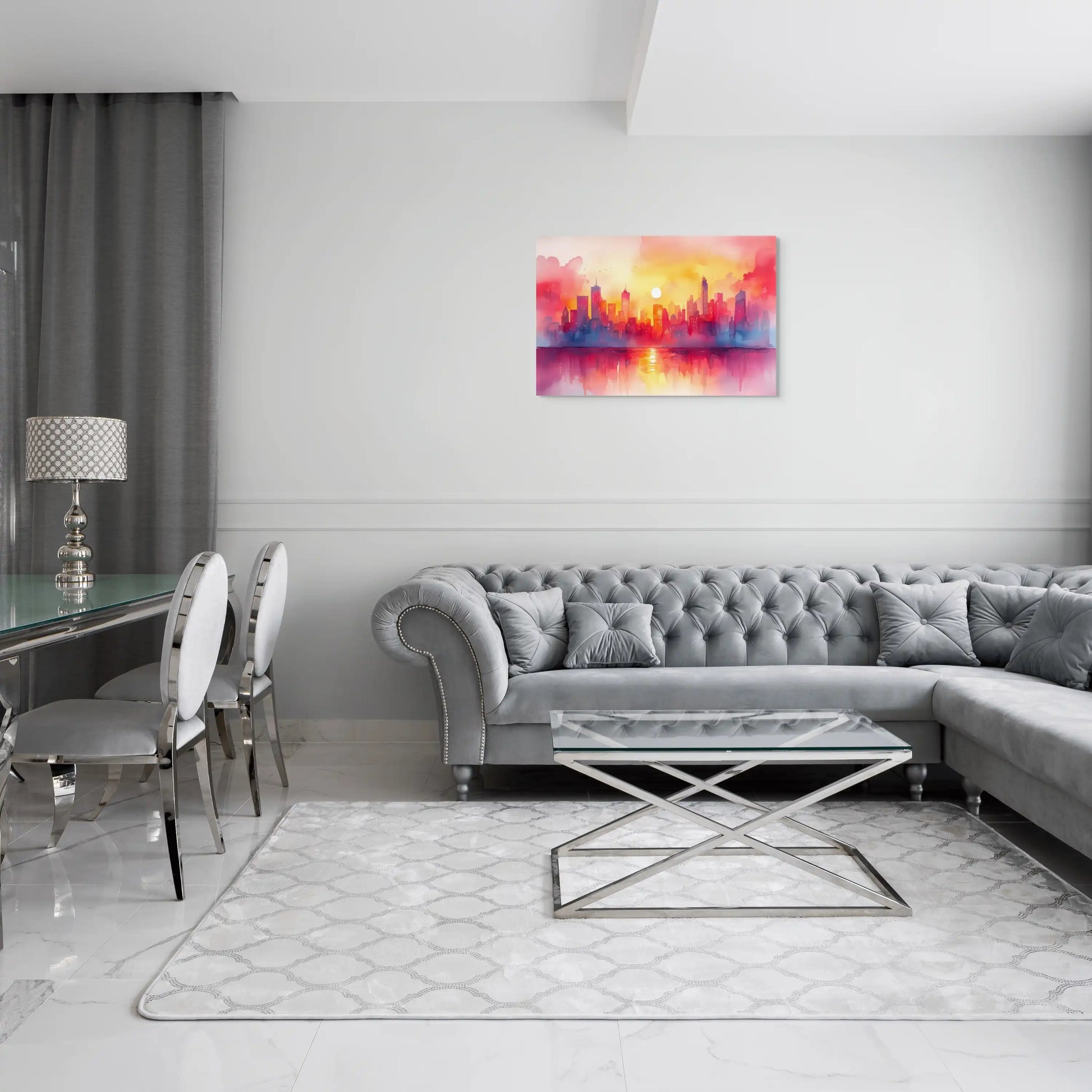 Peinture Aquarelle Ville – Vision Urbaine au Coucher du Soleil Affiches, reproductions et œuvres graphiques Art Virtuoso