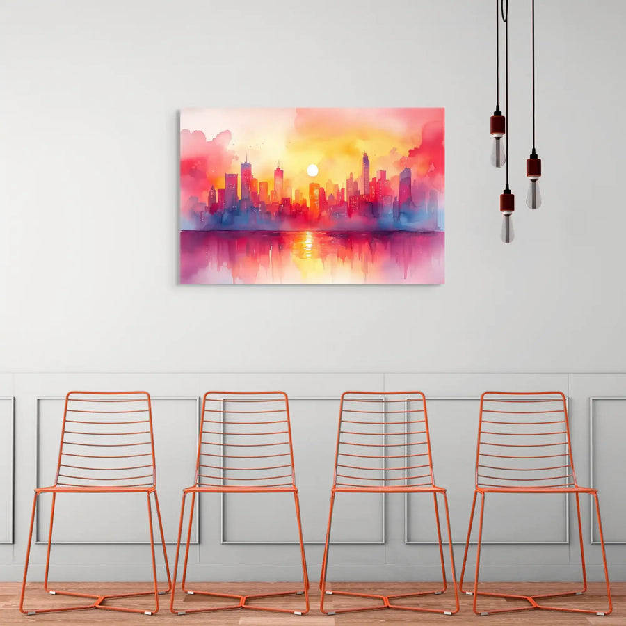 Peinture Aquarelle Ville – Vision Urbaine au Coucher du Soleil