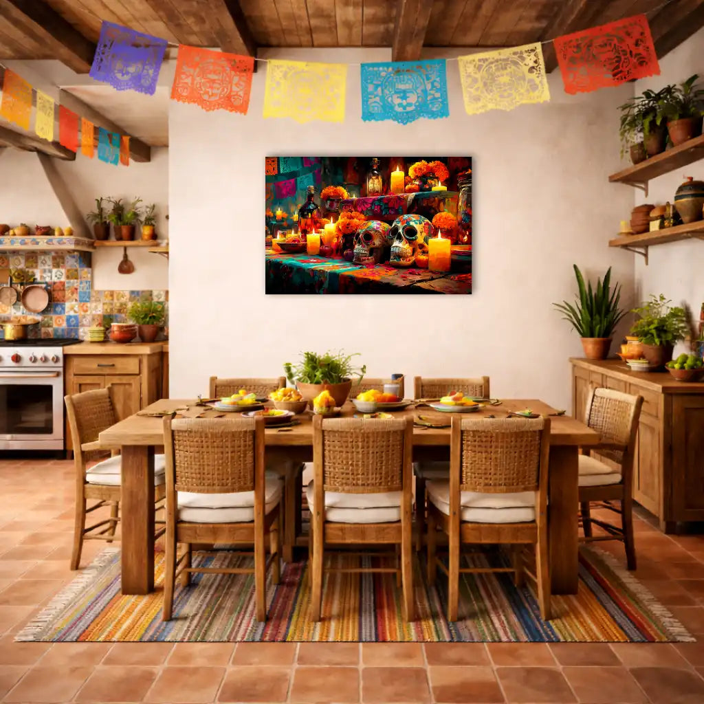 Calavera Dekoration – Mexikanischer Altar zum Día de los Muertos – Leinwand