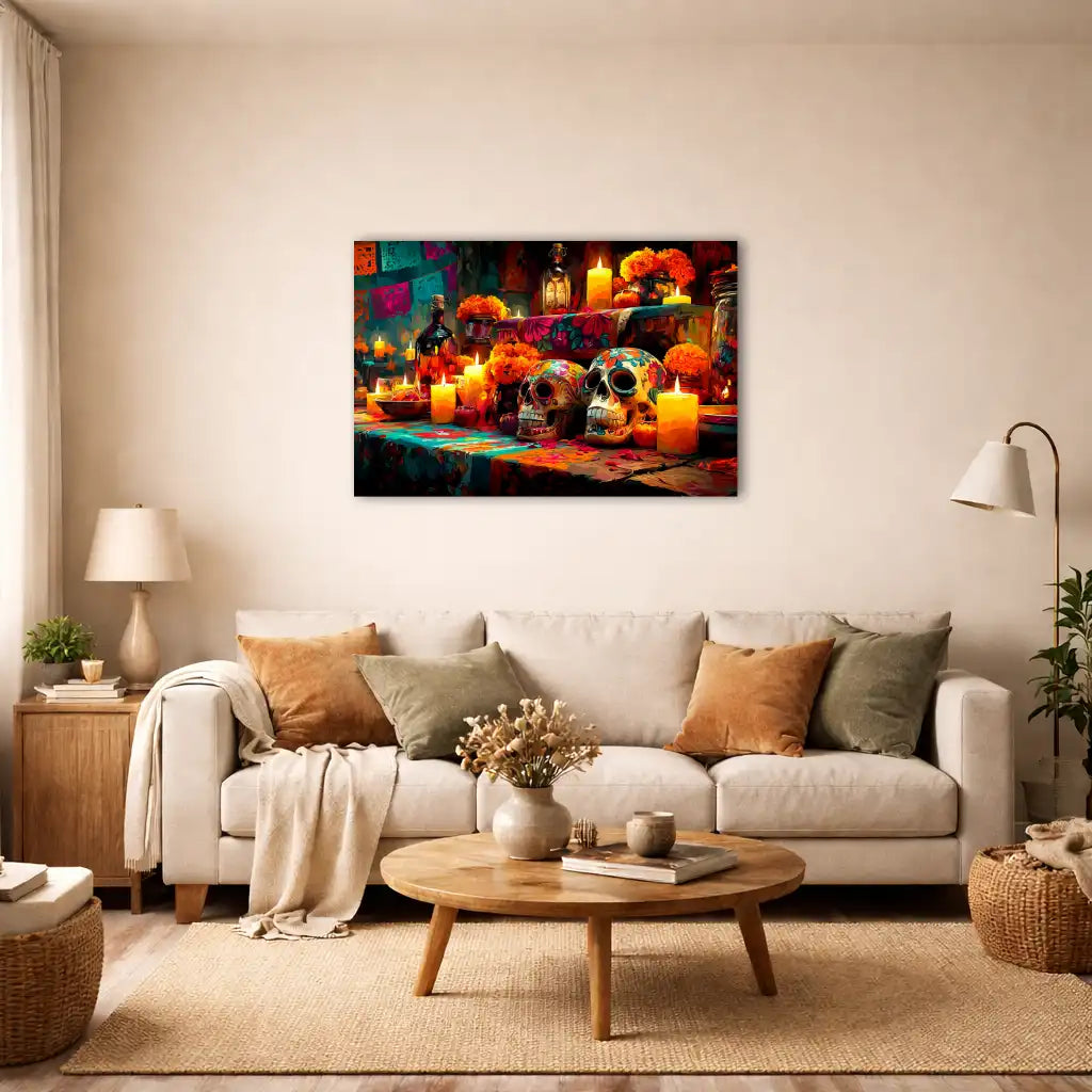 Calavera Dekoration – Mexikanischer Altar zum Día de los Muertos – Leinwand