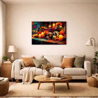 Calavera Dekoration – Mexikanischer Altar zum Día de los Muertos – Leinwand