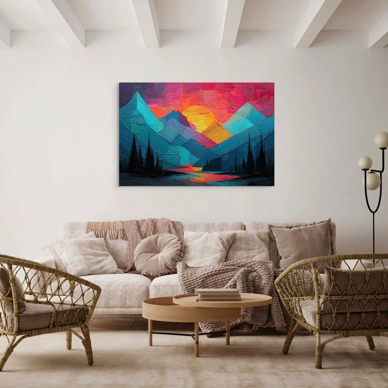 Peinture coucher de soleil en montagne aux sommets cyan dans un intérieur